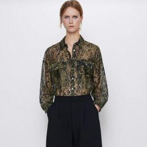 Zara Snake Print Sheer Mesh Button Front Blouse Collar Women's Size Medium